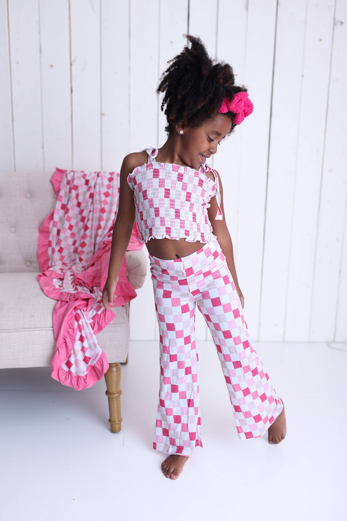 DREAMY PINK CHECKERS DREAM SMOCKED FLARE SET