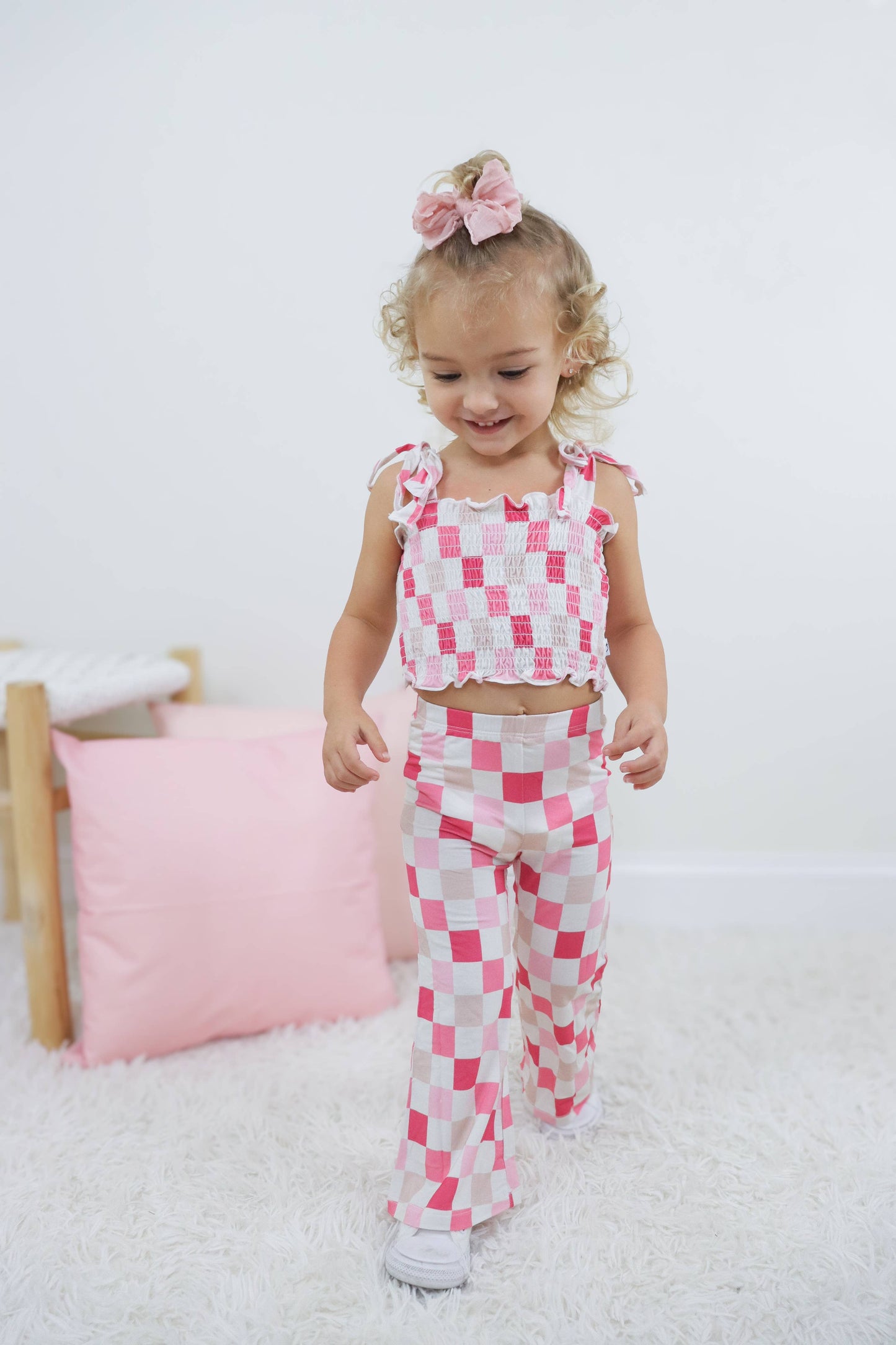 DREAMY PINK CHECKERS DREAM SMOCKED FLARE SET